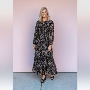 She and Sky Black with red floral accents long Sleeve Dress